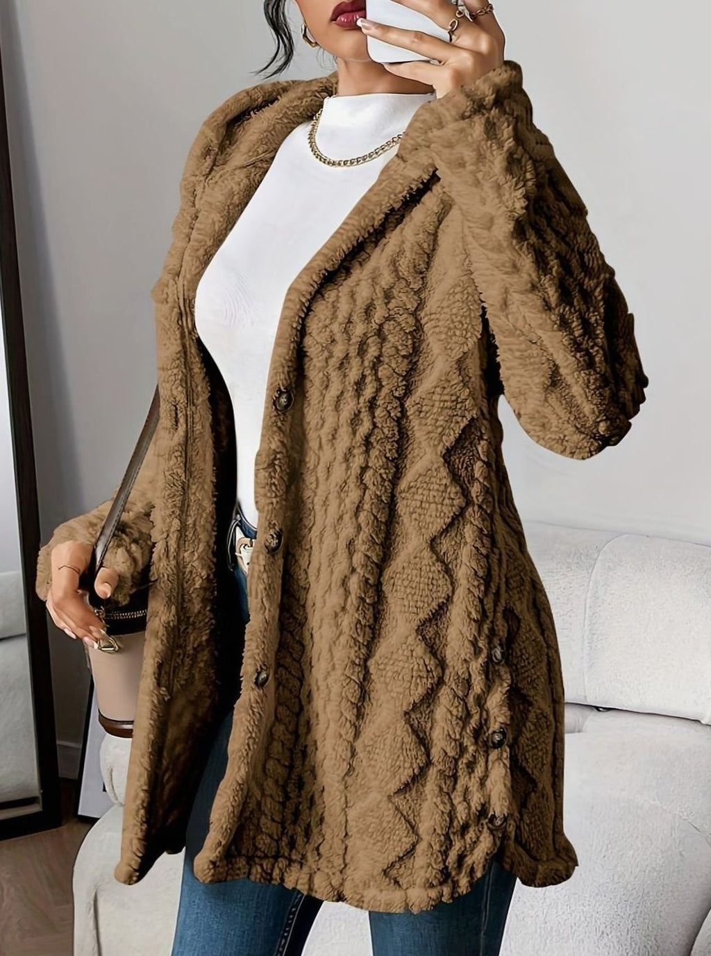 Johanna | Veste en peluche pour femmes avec capuche et boutons, mi-longue