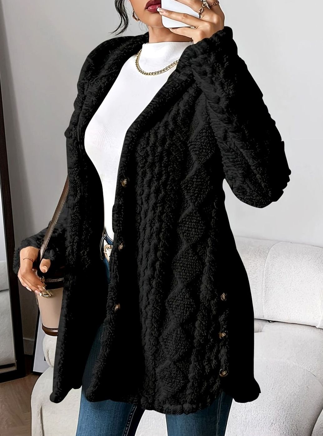 Johanna | Veste en peluche pour femmes avec capuche et boutons, mi-longue