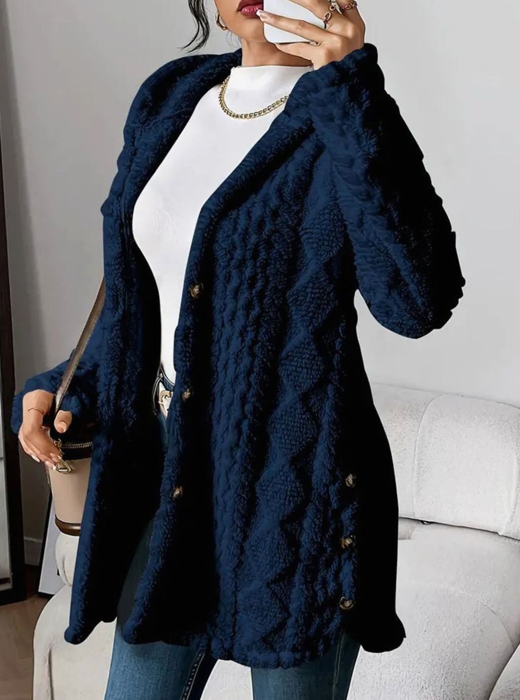Johanna | Veste en peluche pour femmes avec capuche et boutons, mi-longue