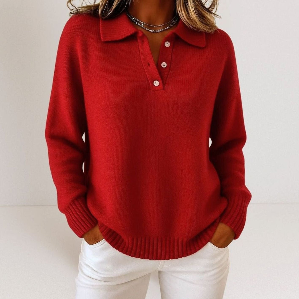 Leonie | Pull en maille à col polo pour femmes avec patte de boutonnage coupe décontractée