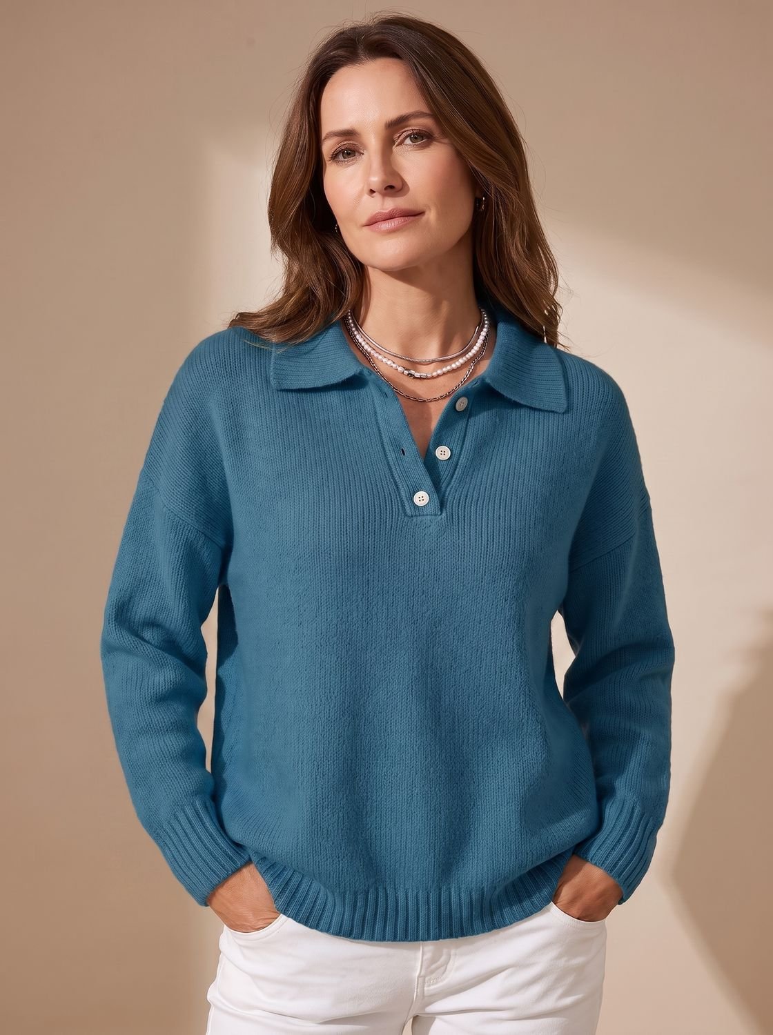 Greta | Pull Polo Femme à Manches Longues Tricot avec Patte de Boutonnage