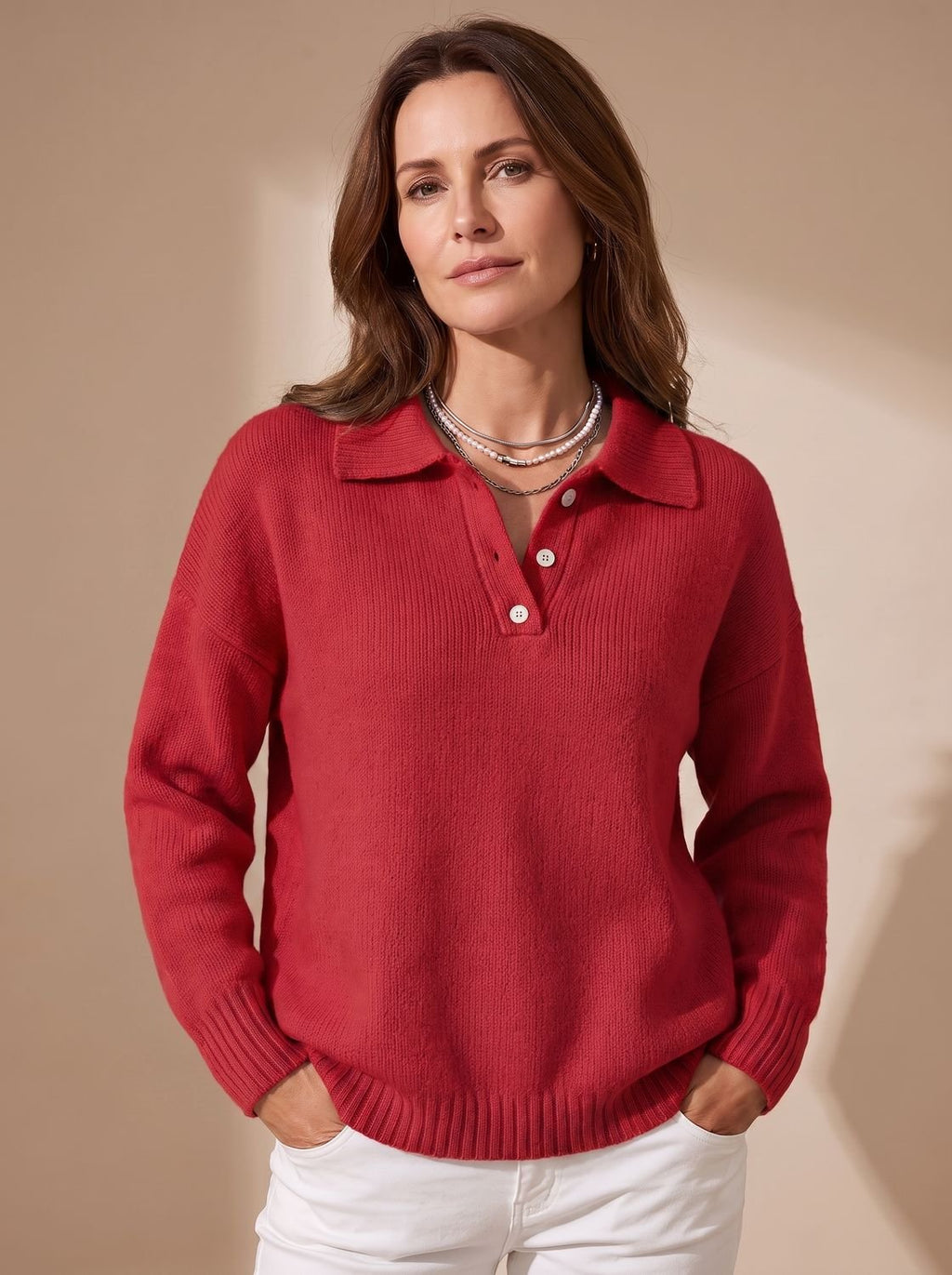 Greta | Pull Polo Femme à Manches Longues Tricot avec Patte de Boutonnage