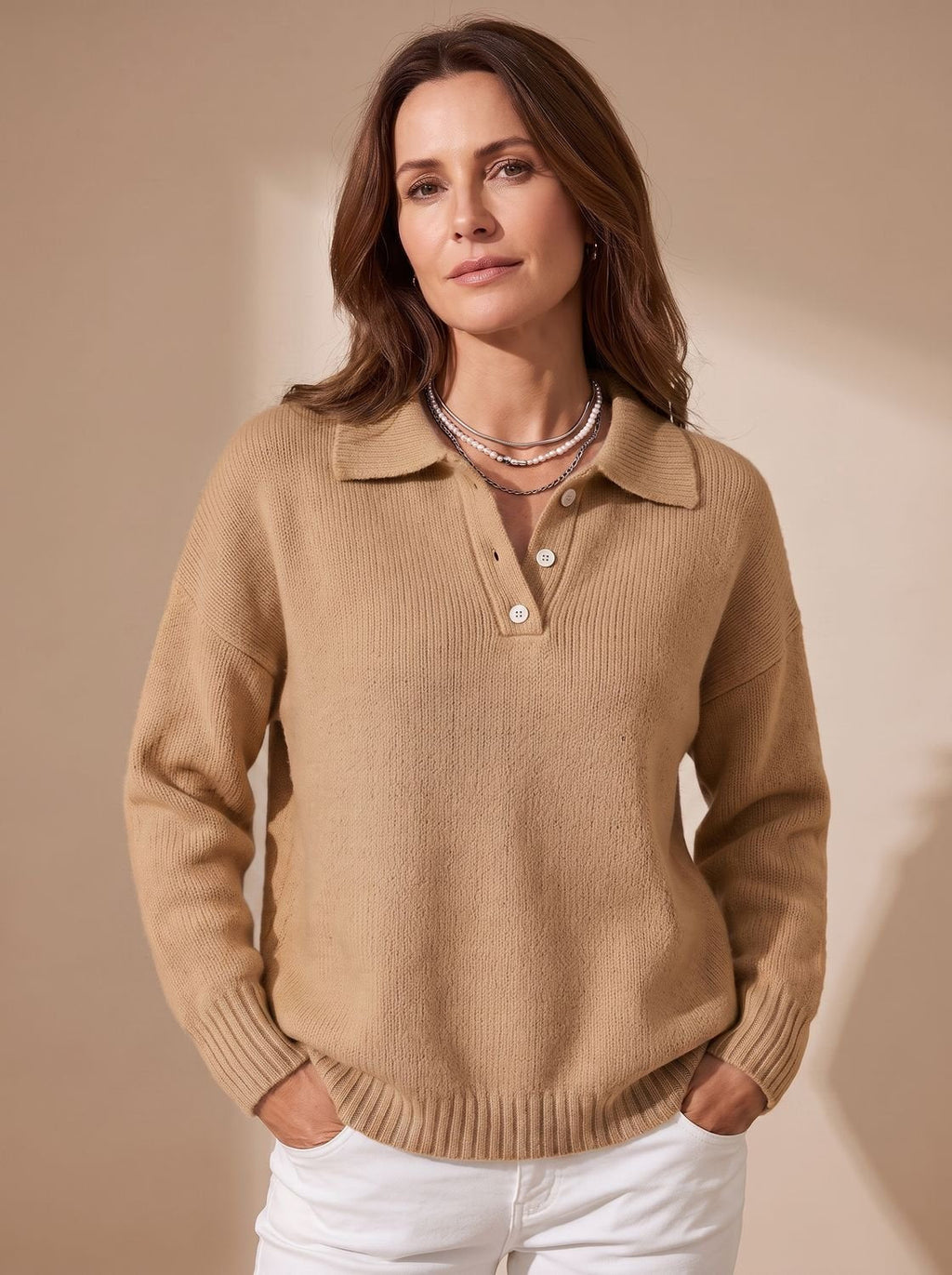 Greta | Pull Polo Femme à Manches Longues Tricot avec Patte de Boutonnage