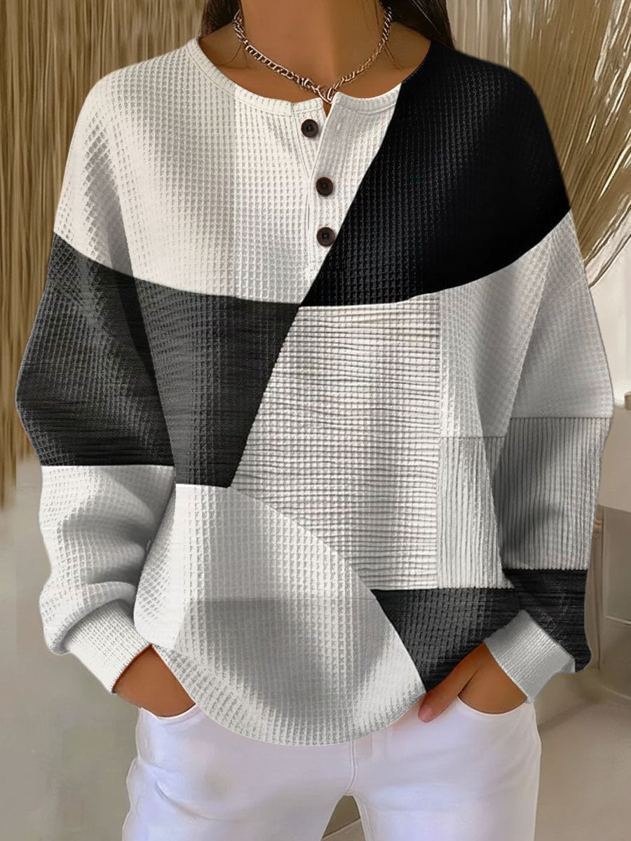Annika | Pull Henley à col rond en maille gaufrée colorblock pour femmes