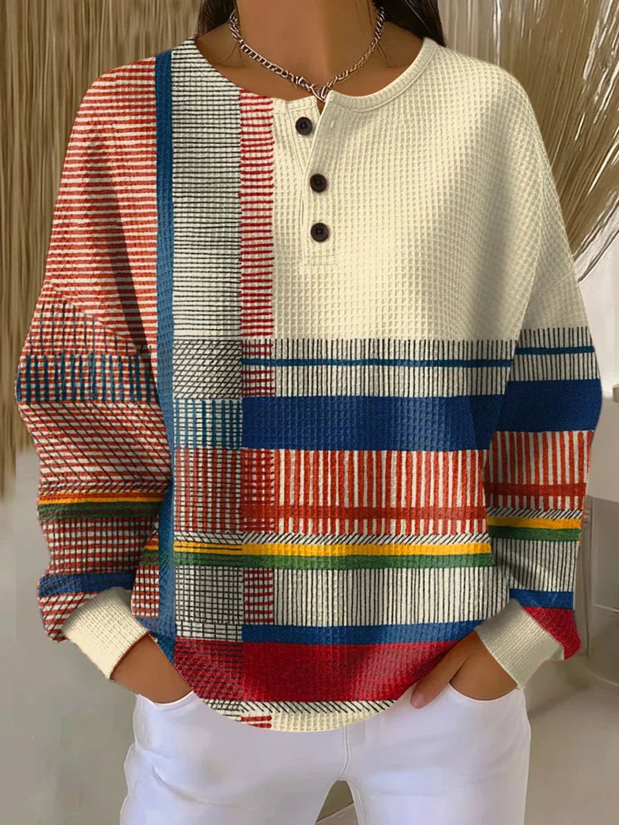 Annika | Pull Henley à col rond en maille gaufrée colorblock pour femmes