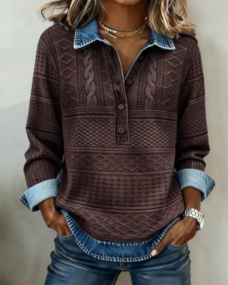 Charlotte | Sweat-shirt pour femmes à demi-boutonnage et col en denim