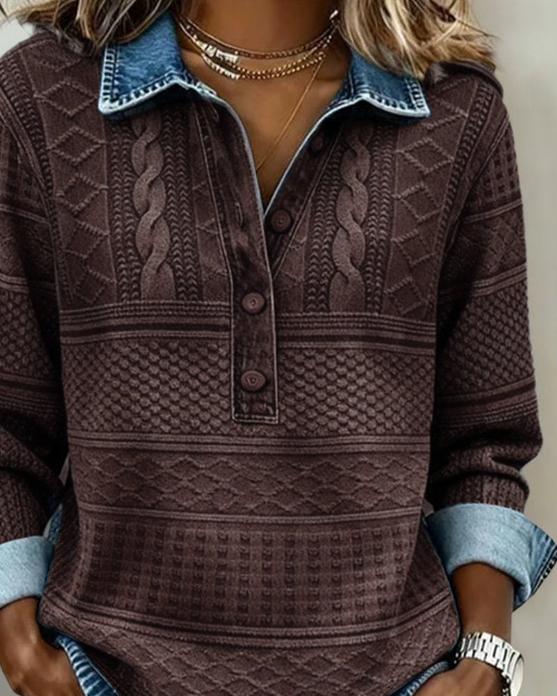 Charlotte | Sweat-shirt pour femmes à demi-boutonnage et col en denim