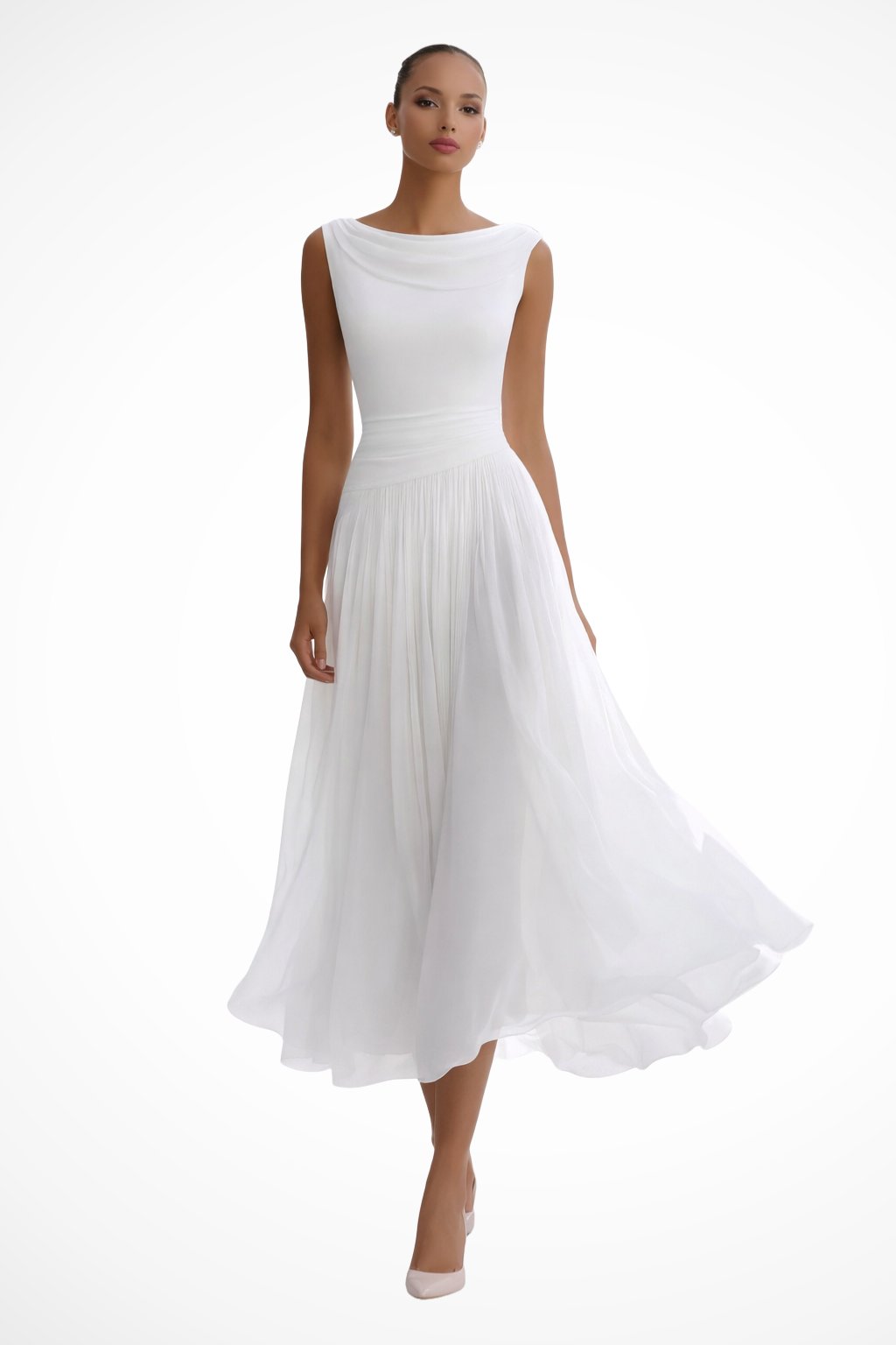 Lena | Robe Midi A-Ligne Sans Manches avec Décolleté Cascade
