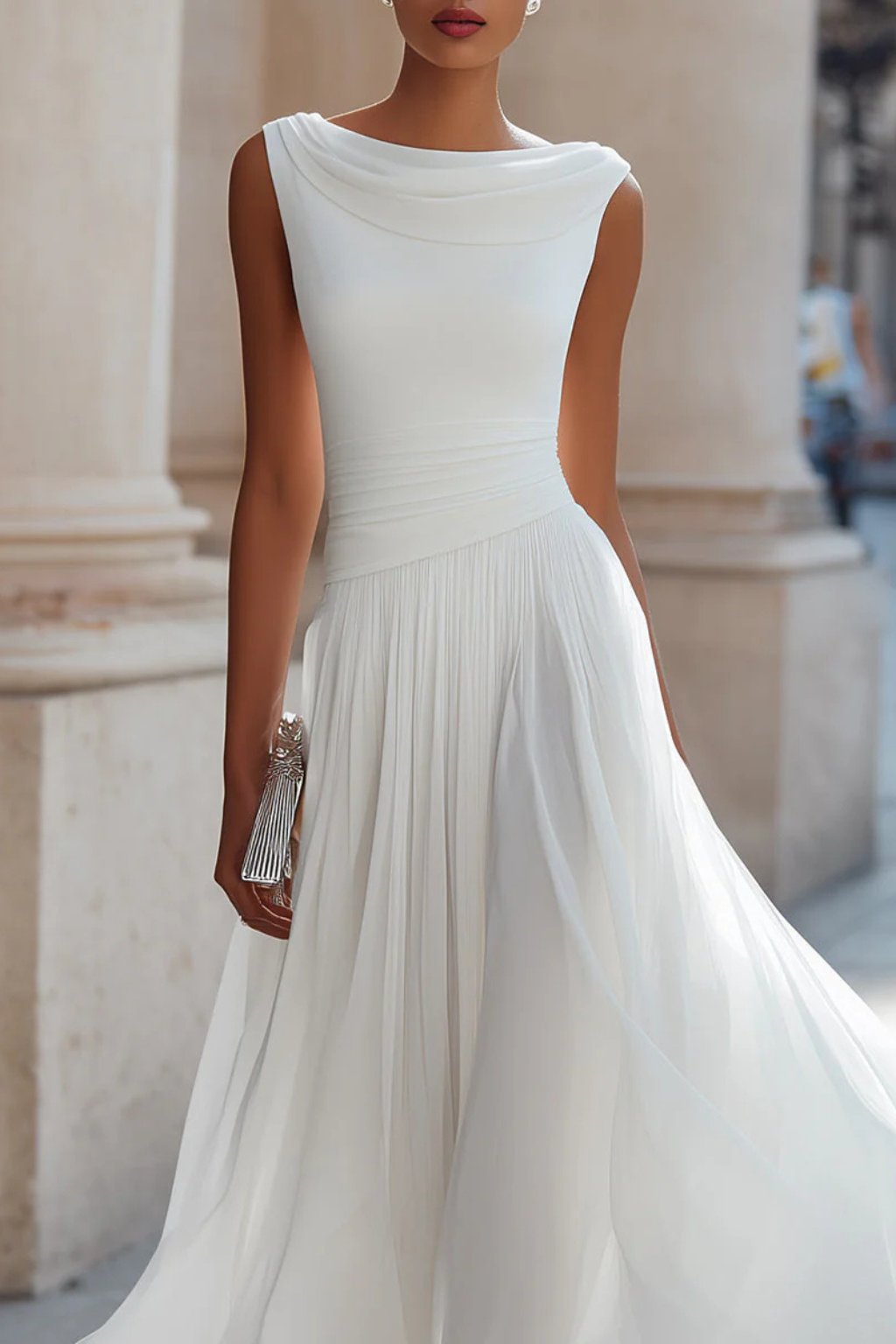 Lena | Robe Midi A-Ligne Sans Manches avec Décolleté Cascade