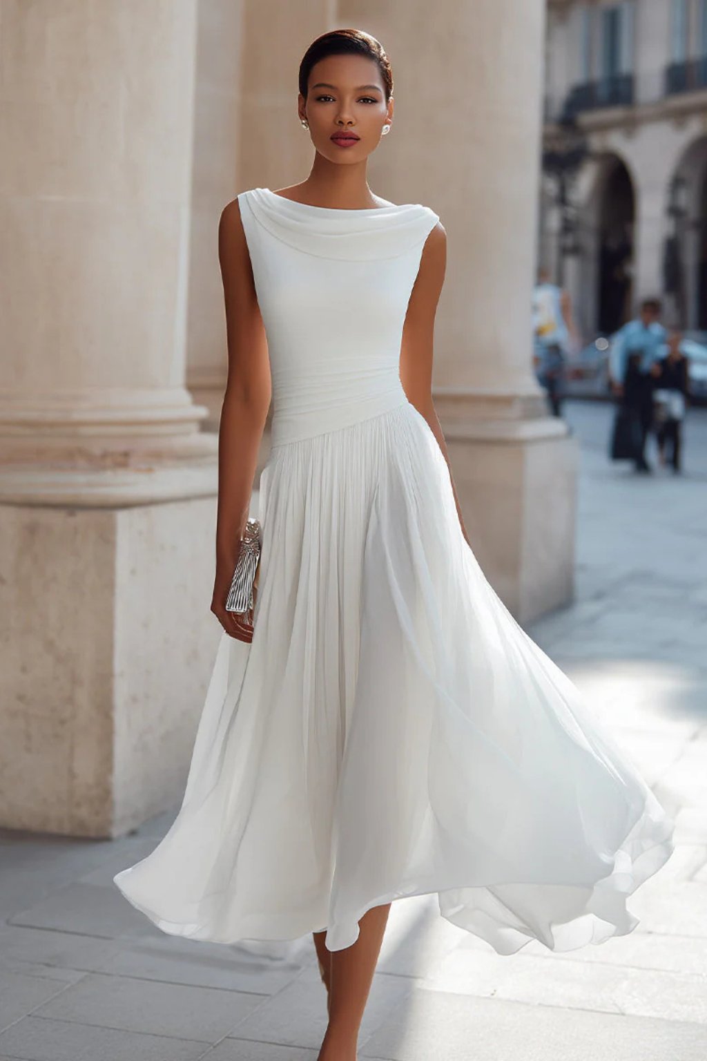 Lena | Robe Midi A-Ligne Sans Manches avec Décolleté Cascade