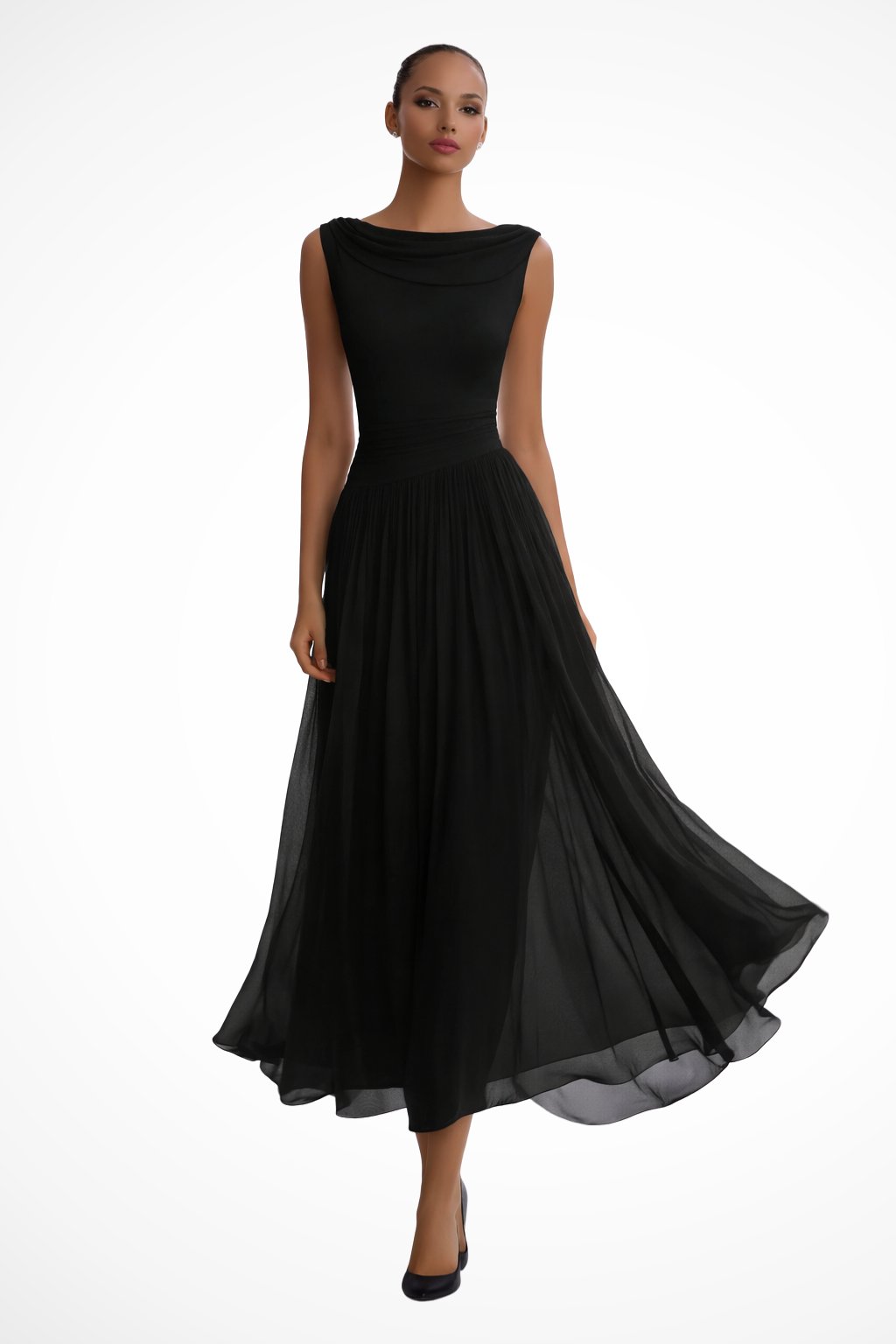 Lena | Robe Midi A-Ligne Sans Manches avec Décolleté Cascade