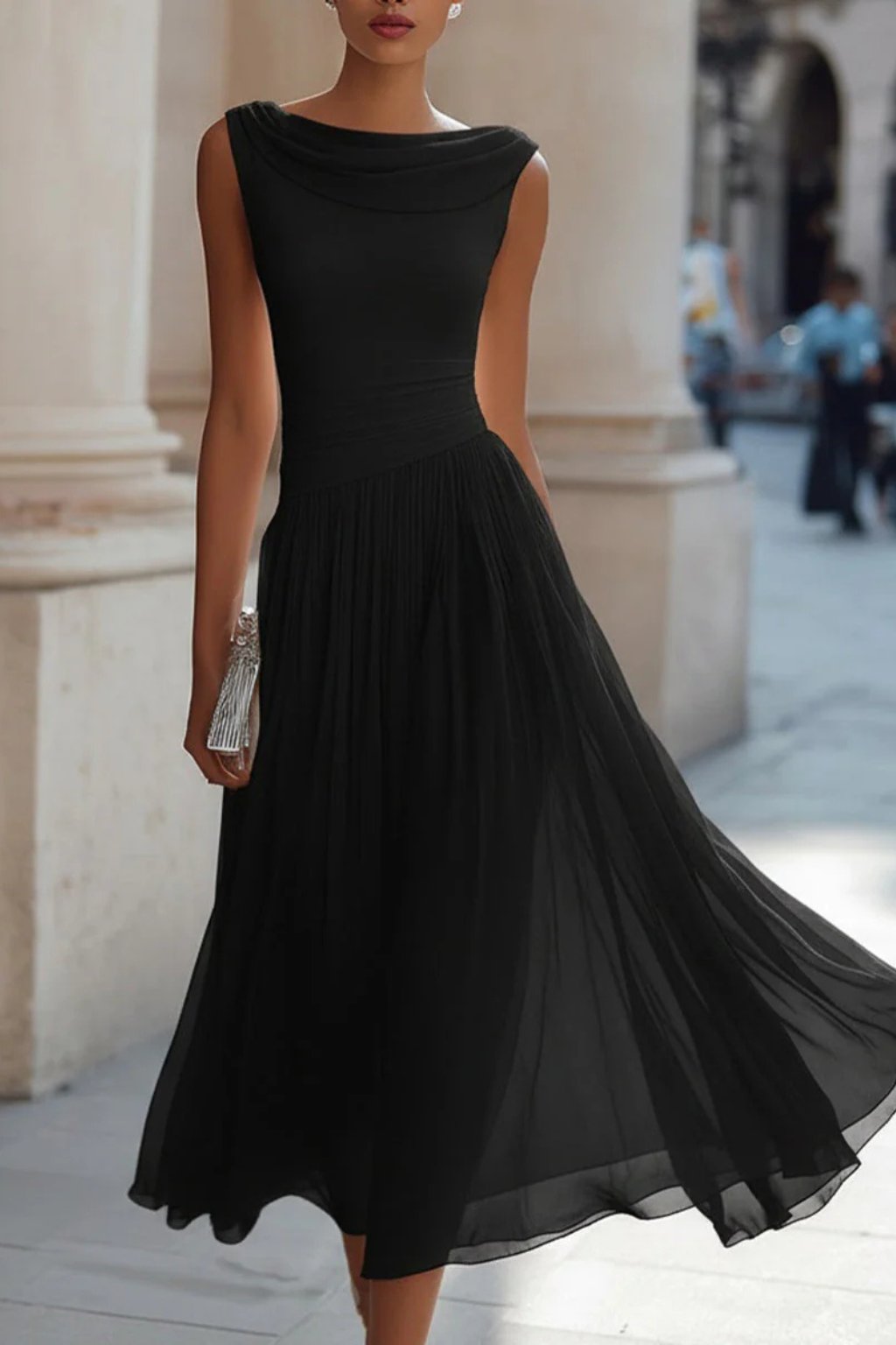 Lena | Robe Midi A-Ligne Sans Manches avec Décolleté Cascade