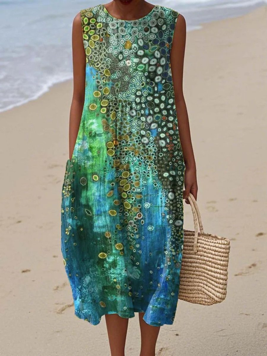 Sophie | Robe de Plage Midi Sans Manches Colorée pour Femmes avec Col Rond