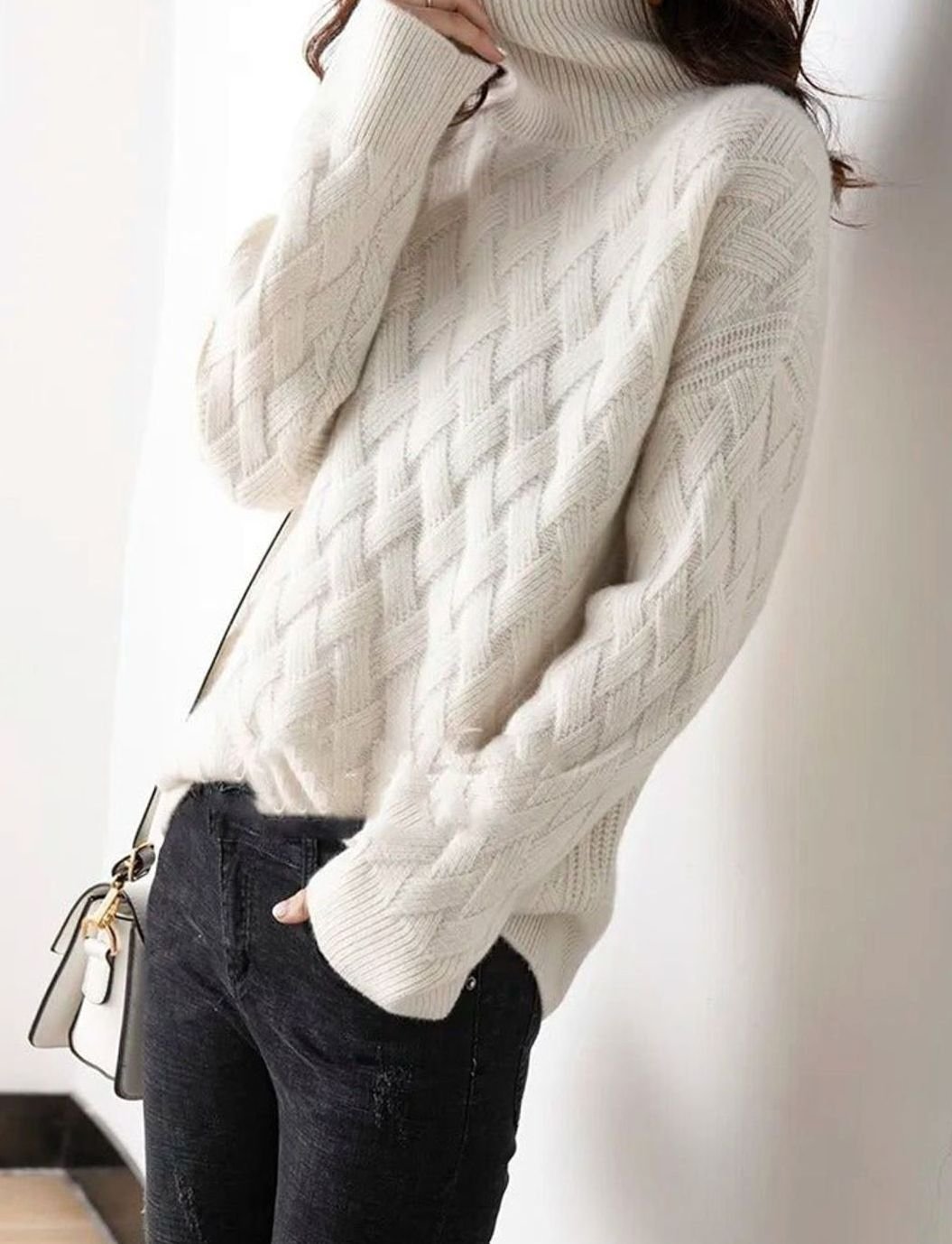 Katharina | Pull en maille à col roulé pour femmes, motif torsadé, cachemire, oversize