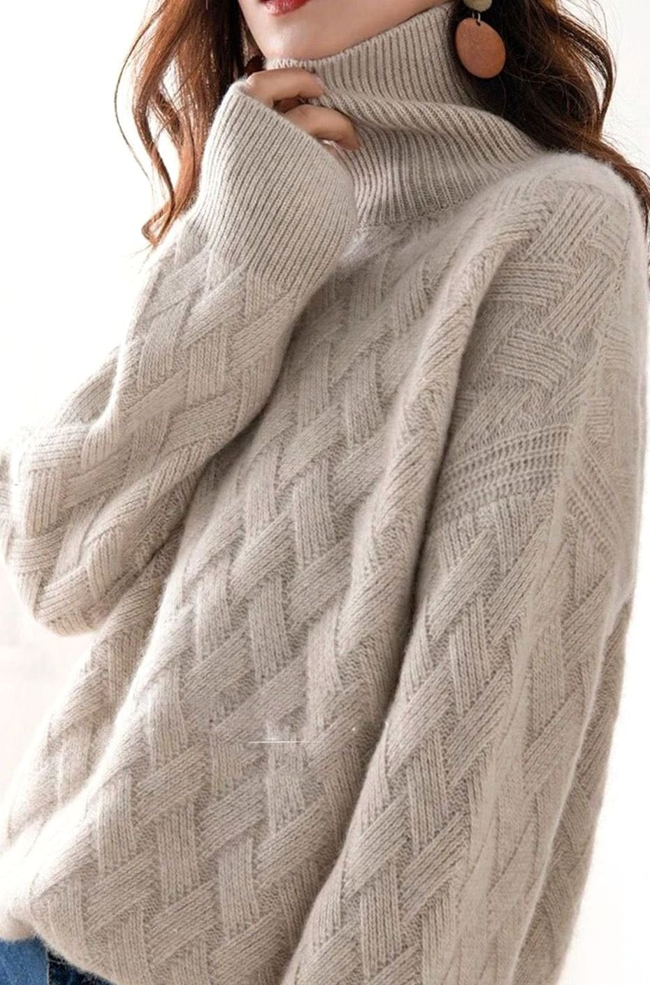 Katharina | Pull en maille à col roulé pour femmes, motif torsadé, cachemire, oversize