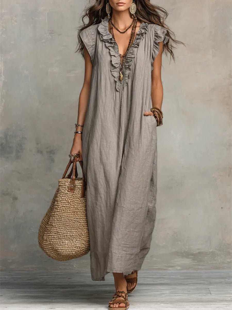 Luisa | Robe Maxi en Lin à Manches Volantes et Décolleté en V pour Femmes