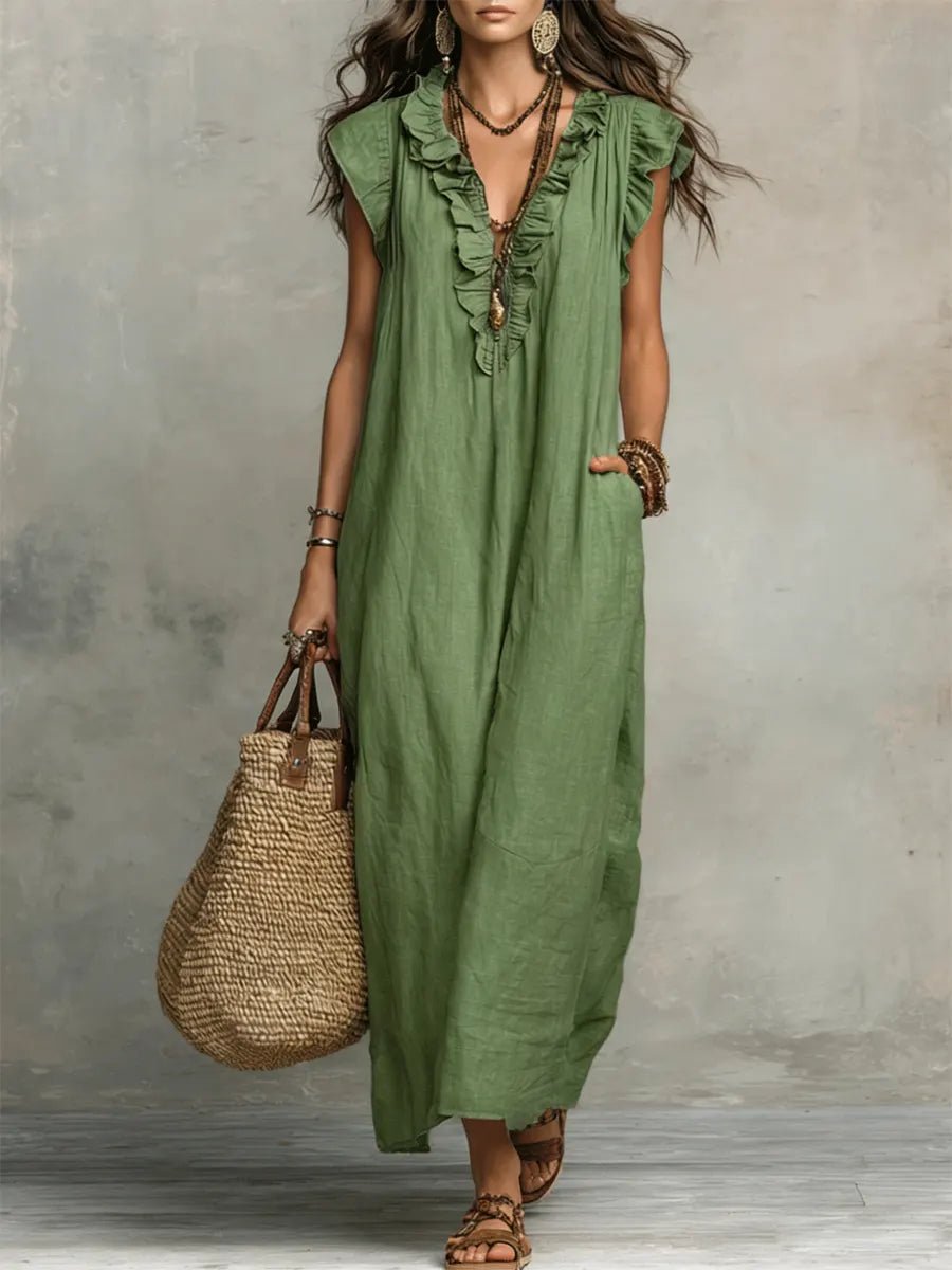 Luisa | Robe Maxi en Lin à Manches Volantes et Décolleté en V pour Femmes