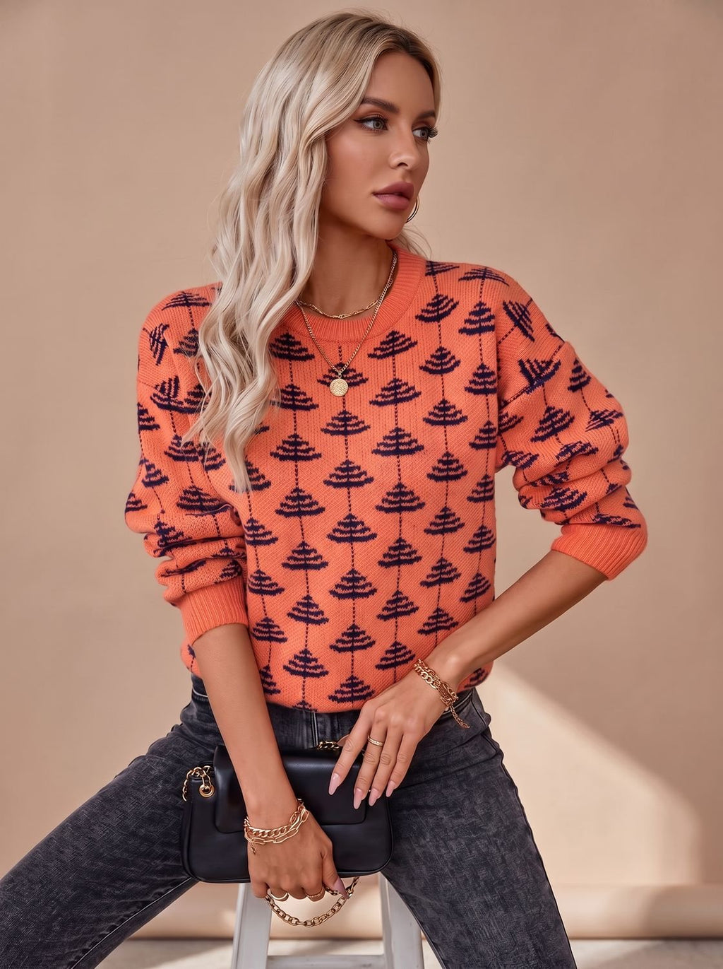 Emilia | Pull en tricot à col rond pour femmes avec motif de sapin de Noël Loose-Fit