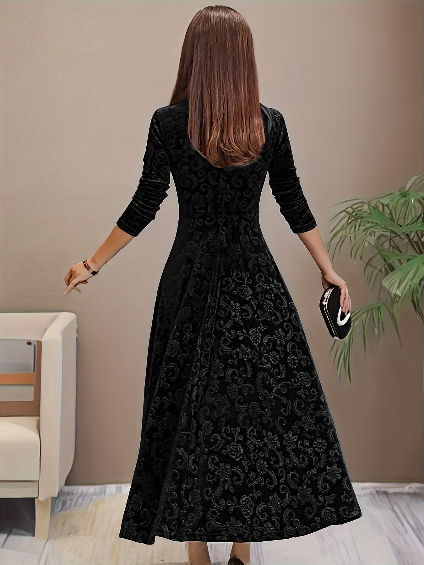 Nora | Robe en velours pour femmes, A-ligne, midi, robe à fleurs avec décolleté en V