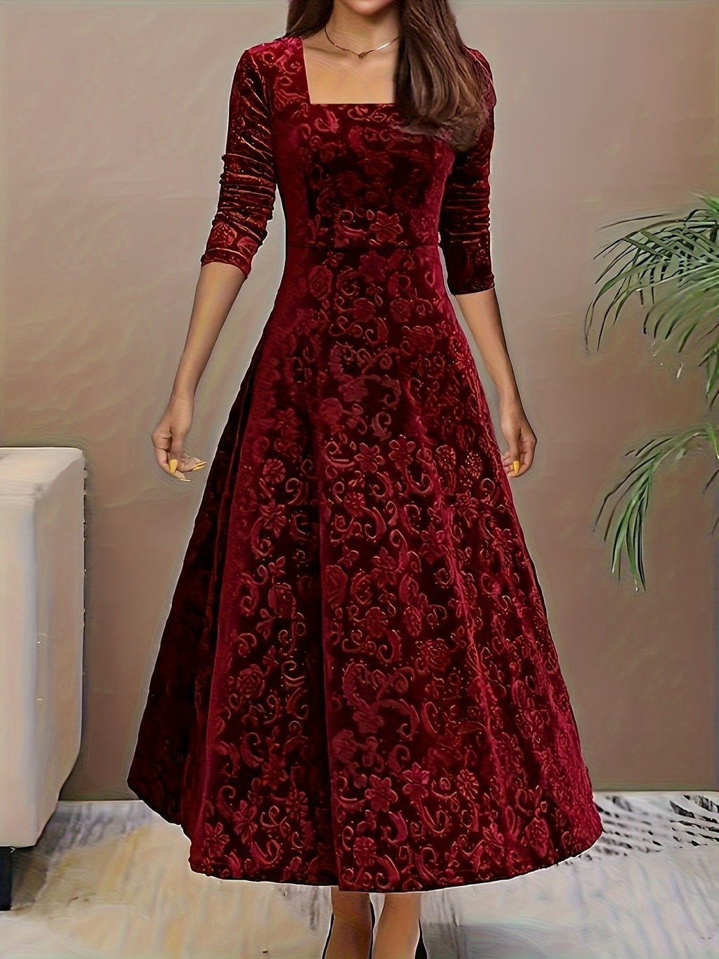 Nora | Robe en velours pour femmes, A-ligne, midi, robe à fleurs avec décolleté en V