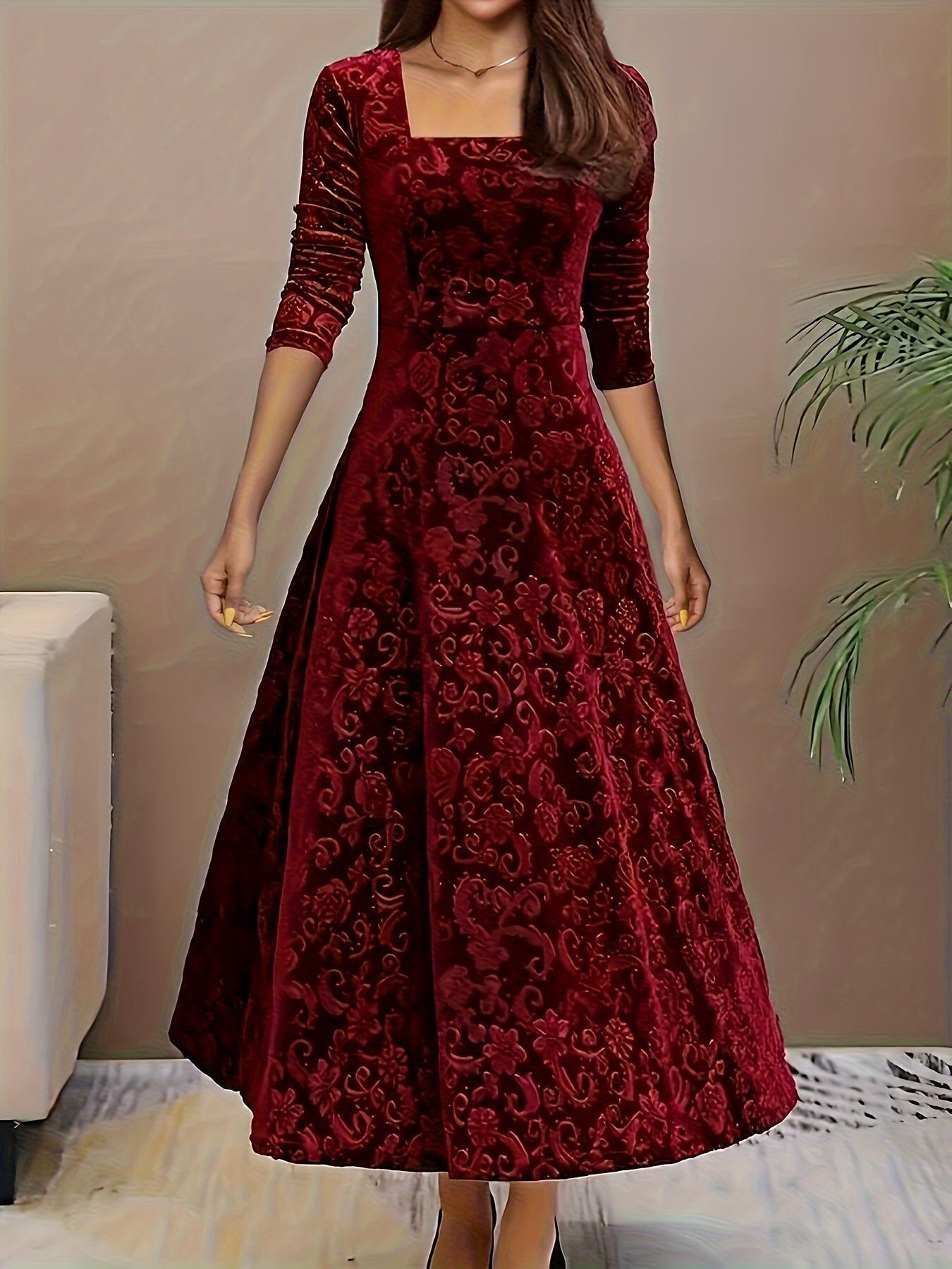 Nora | Robe en velours pour femmes, A-ligne, midi, robe à fleurs avec décolleté en V
