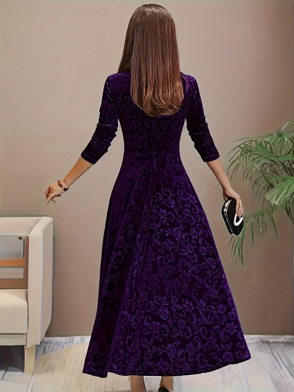 Nora | Robe en velours pour femmes, A-ligne, midi, robe à fleurs avec décolleté en V