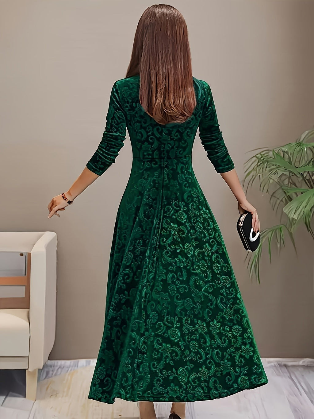 Nora | Robe en velours pour femmes, A-ligne, midi, robe à fleurs avec décolleté en V
