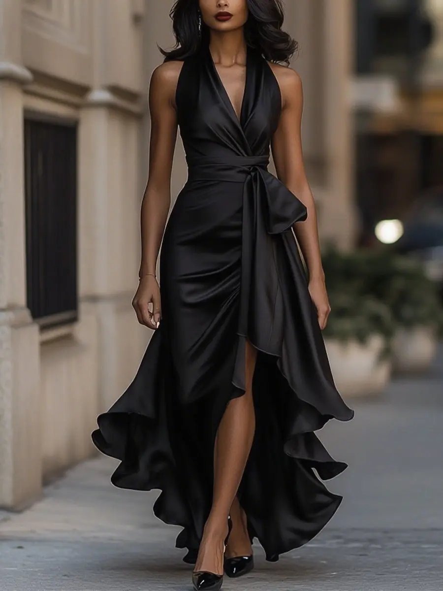 Lena | Robe de cocktail satin à dos nu pour femmes, coupe portefeuille, ourlet asymétrique