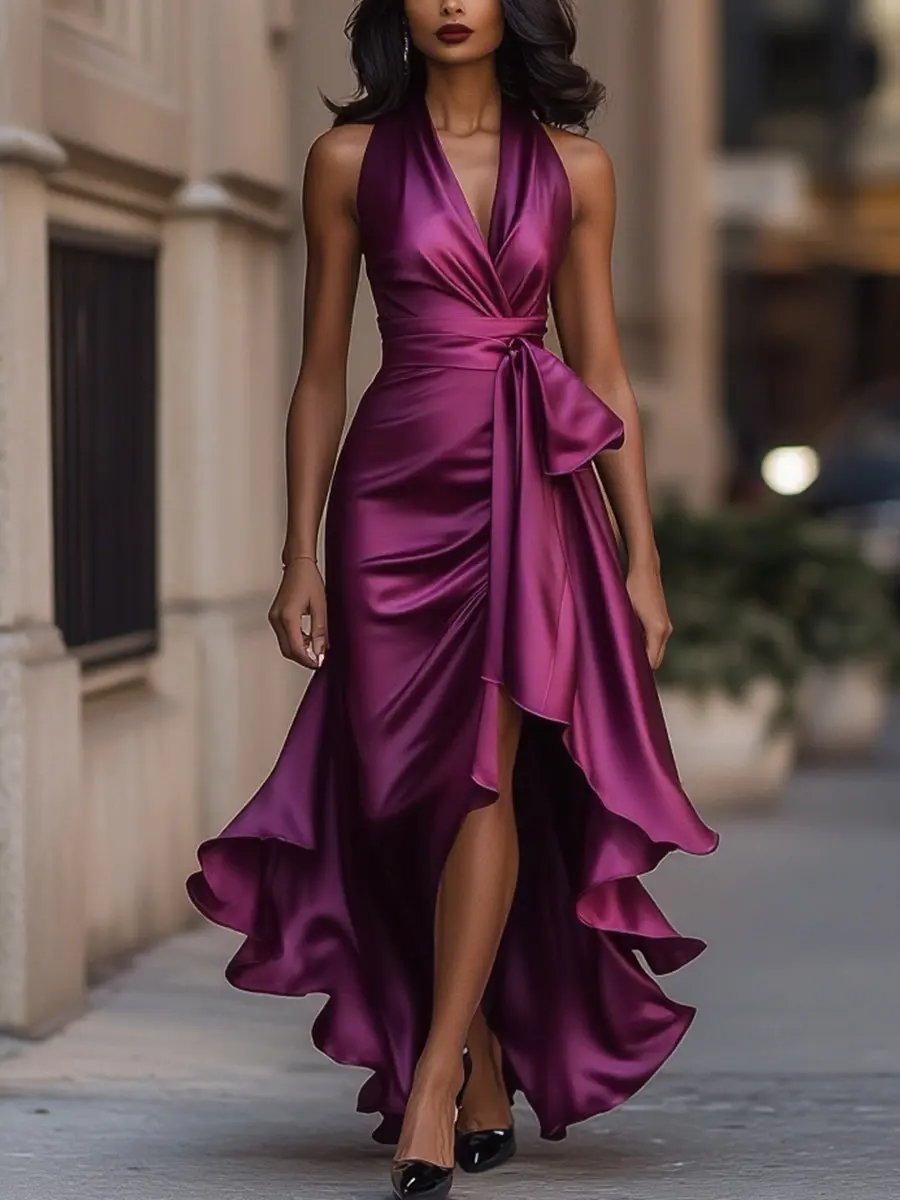 Lena | Robe de cocktail satin à dos nu pour femmes, coupe portefeuille, ourlet asymétrique