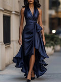 Lena | Robe de cocktail satin à dos nu pour femmes, coupe portefeuille, ourlet asymétrique
