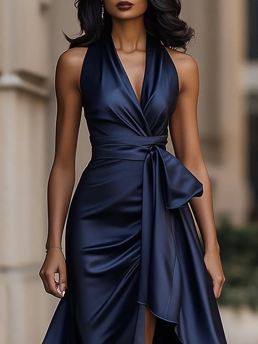 Lena | Robe de cocktail satin à dos nu pour femmes, coupe portefeuille, ourlet asymétrique