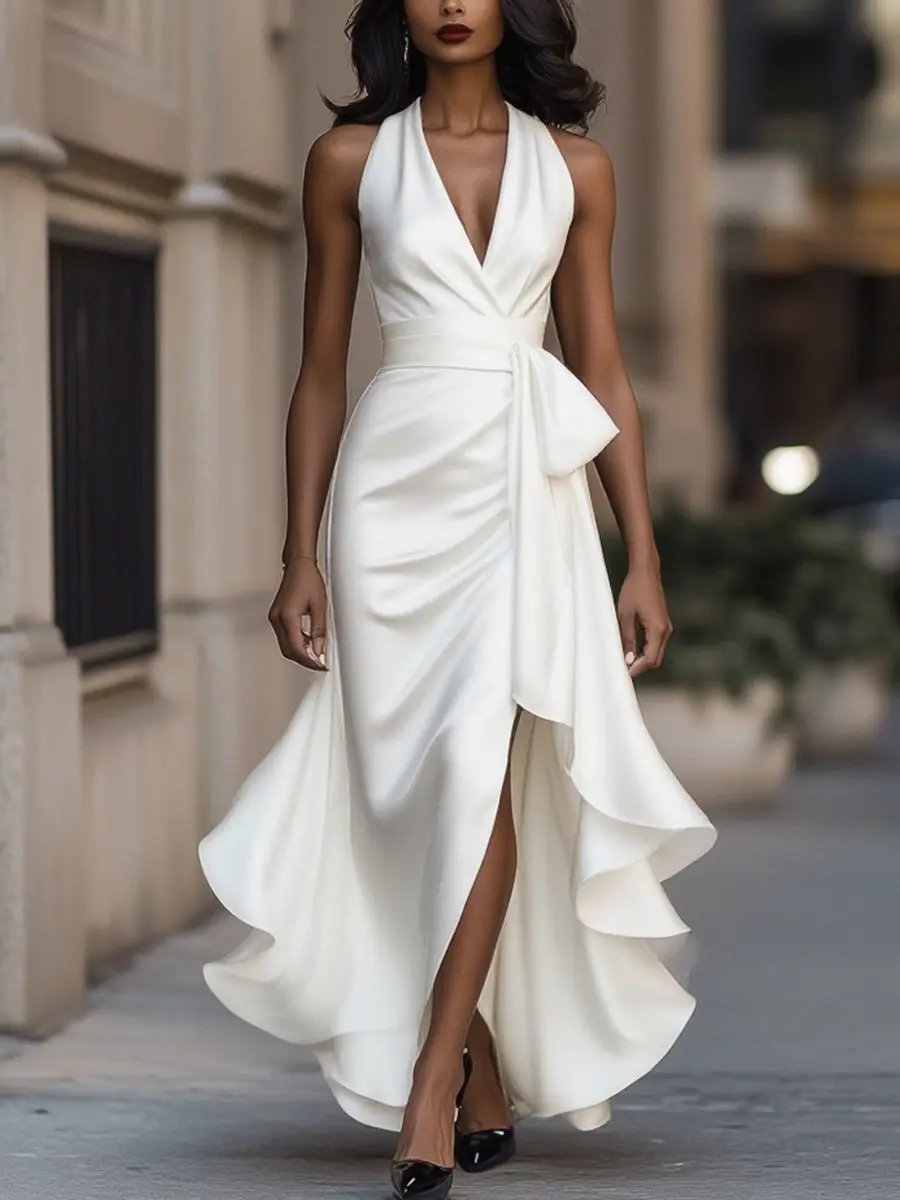 Lena | Robe de cocktail satin à dos nu pour femmes, coupe portefeuille, ourlet asymétrique