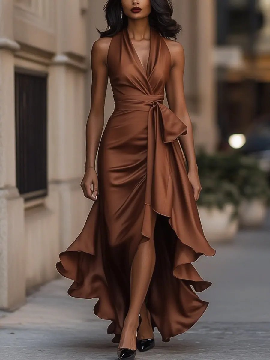Lena | Robe de cocktail satin à dos nu pour femmes, coupe portefeuille, ourlet asymétrique