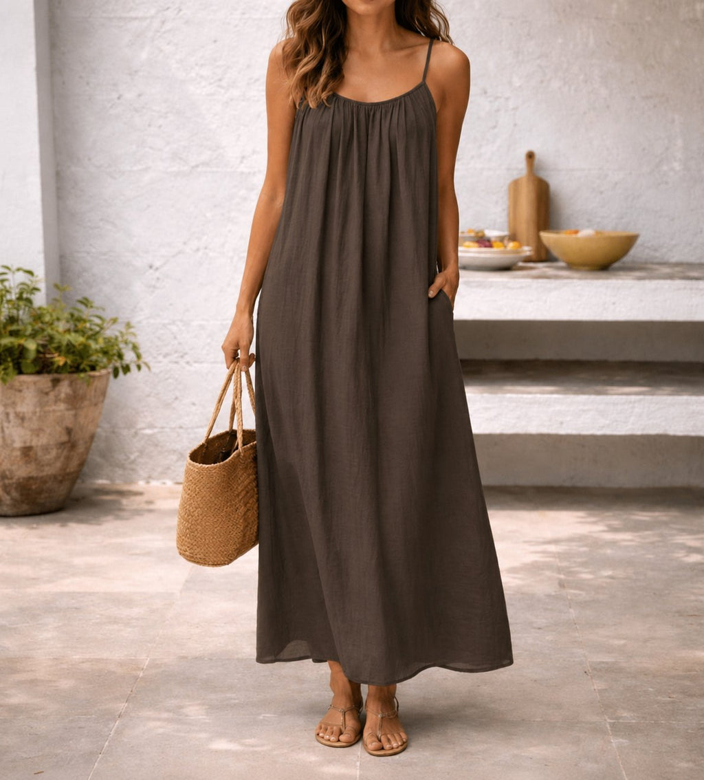 Lena | Robe maxi d'été à bretelles spaghetti pour femmes, ample avec poches