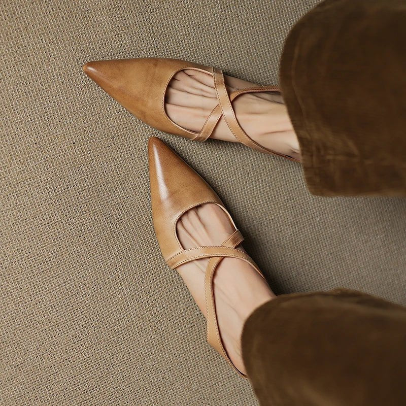 Mia | Mules à talons en cuir véritable avec lanières croisées pour femmes
