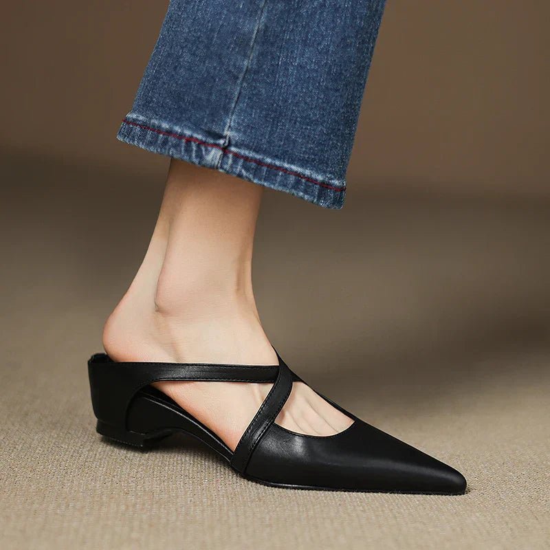 Mia | Mules à talons en cuir véritable avec lanières croisées pour femmes