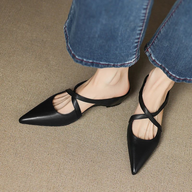 Mia | Mules à talons en cuir véritable avec lanières croisées pour femmes