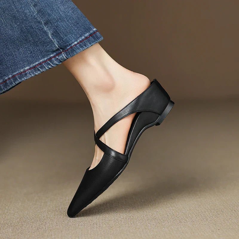 Mia | Mules à talons en cuir véritable avec lanières croisées pour femmes