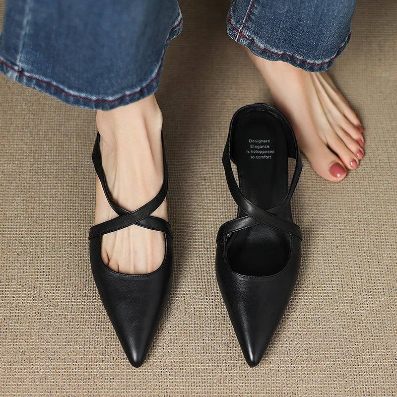Mia | Mules à talons en cuir véritable avec lanières croisées pour femmes