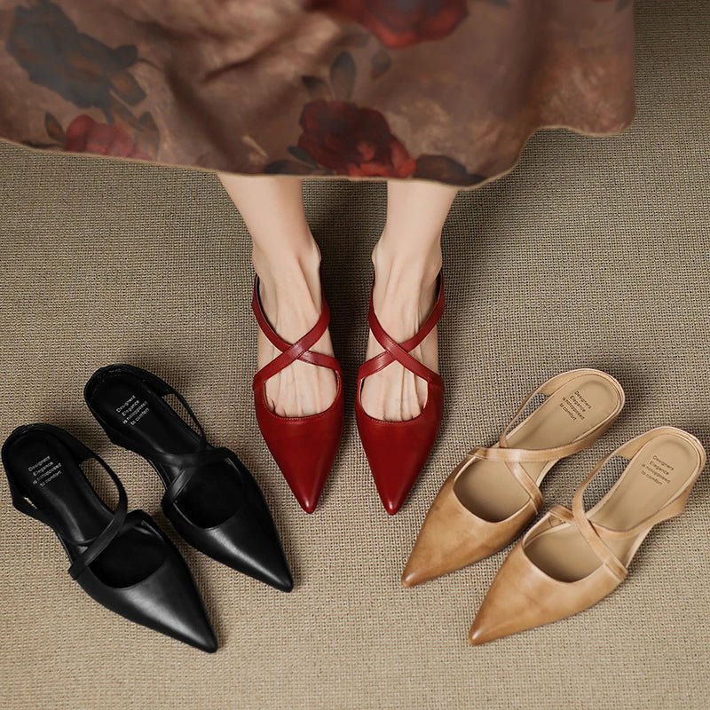 Mia | Mules à talons en cuir véritable avec lanières croisées pour femmes