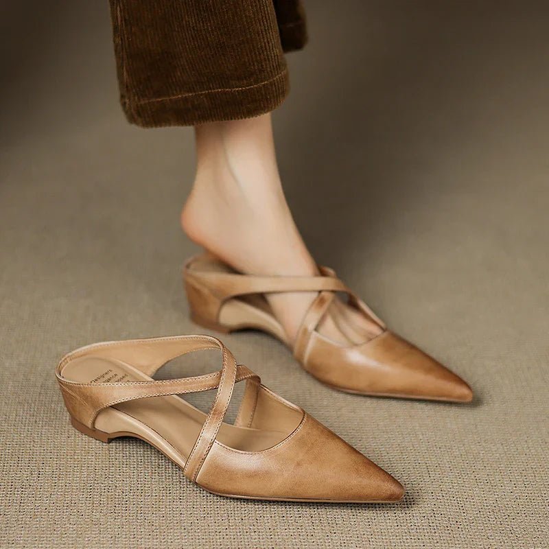 Mia | Mules à talons en cuir véritable avec lanières croisées pour femmes
