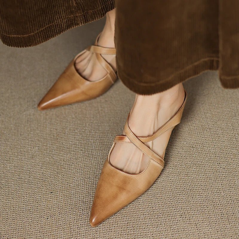 Mia | Mules à talons en cuir véritable avec lanières croisées pour femmes
