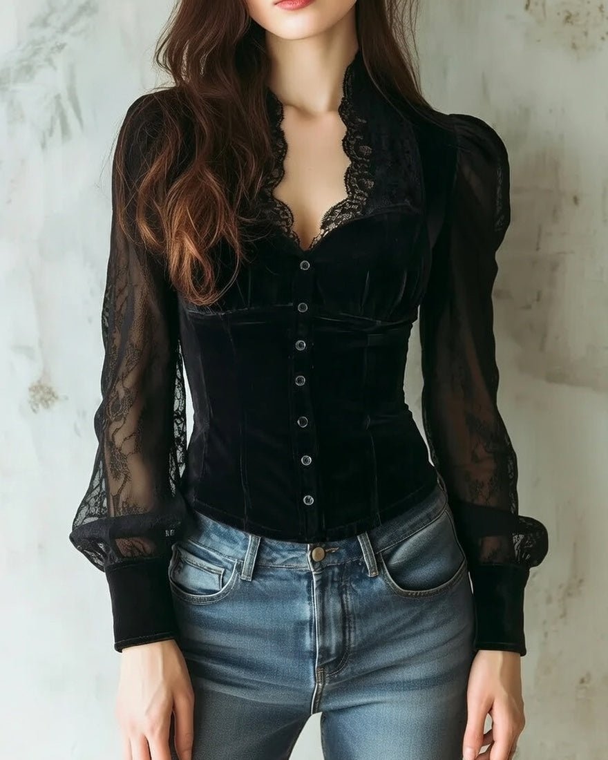 Elfriede | Blouse en dentelle pour femmes, corsage en velours ajusté, manches transparentes, patte de boutonnage