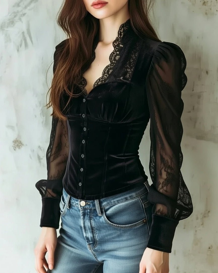 Elfriede | Blouse en dentelle pour femmes, corsage en velours ajusté, manches transparentes, patte de boutonnage