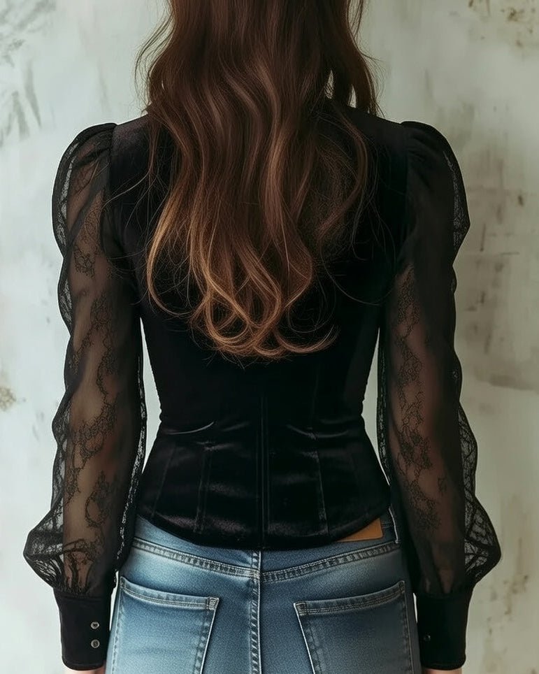 Elfriede | Blouse en dentelle pour femmes, corsage en velours ajusté, manches transparentes, patte de boutonnage