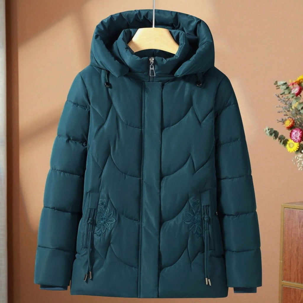 Frieda | Veste matelassée pour femmes avec capuche broderie florale manteau d'hiver cintré