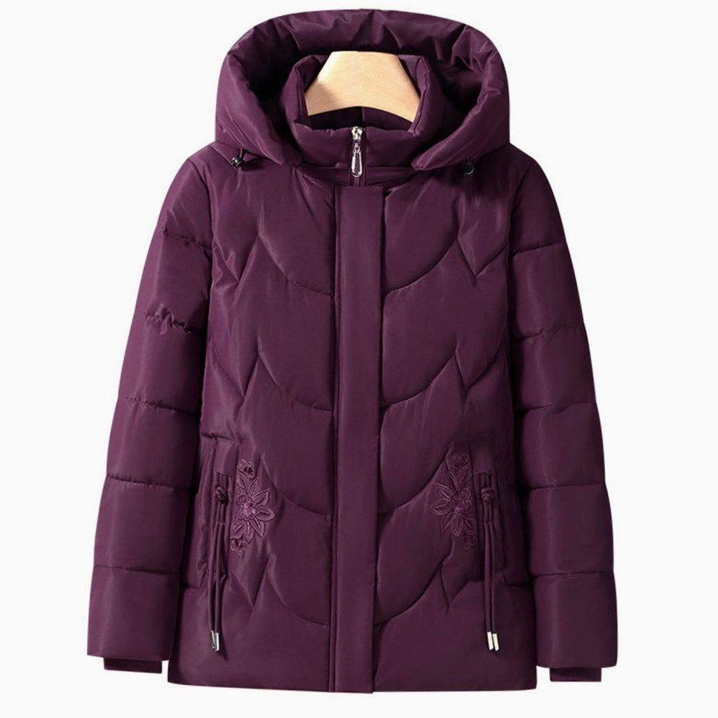 Frieda | Veste matelassée pour femmes avec capuche broderie florale manteau d'hiver cintré