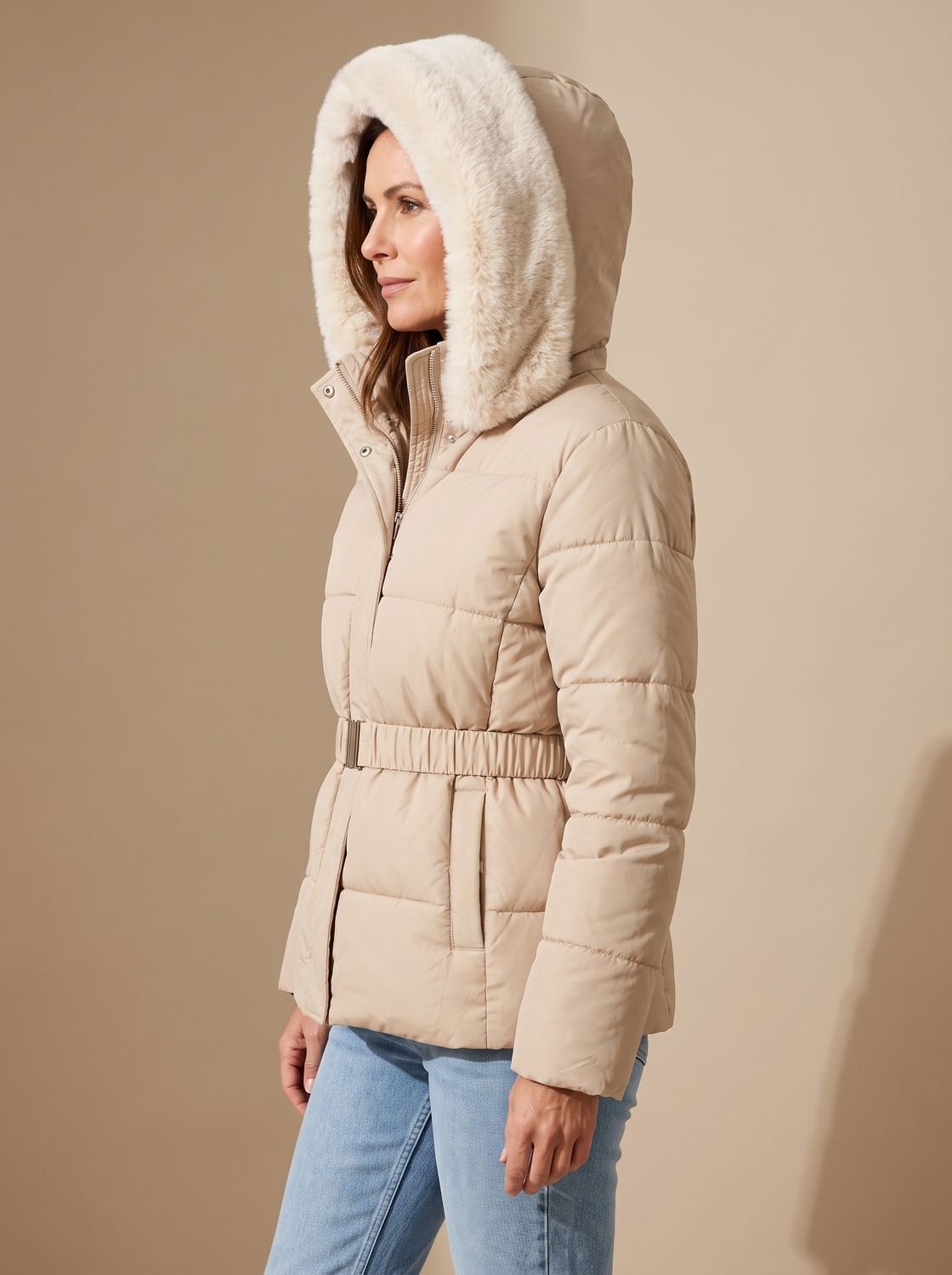 Elfriede | Veste matelassée pour femmes avec capuche en fausse fourrure, ceinture à la taille, fermeture éclair