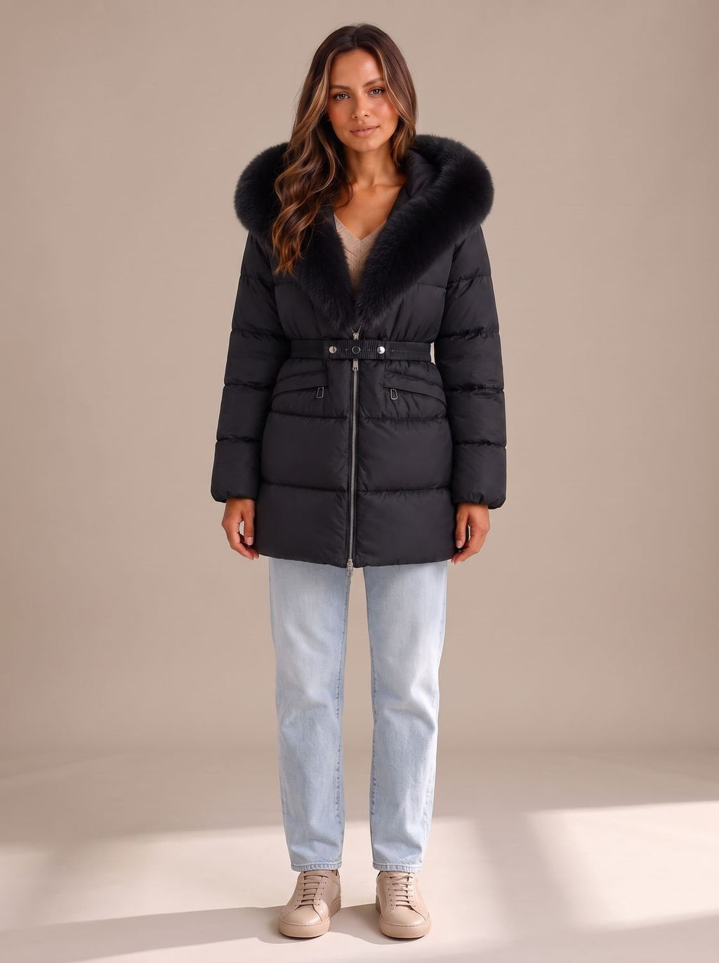 Elfriede | Veste matelassée pour femmes avec capuche en fausse fourrure, ceinture à la taille, fermeture éclair