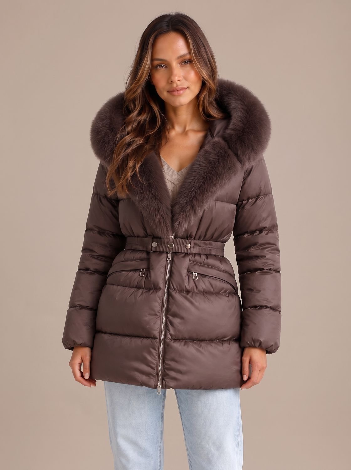Elfriede | Veste matelassée pour femmes avec capuche en fausse fourrure, ceinture à la taille, fermeture éclair